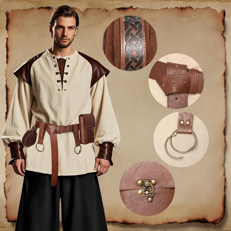 bcehyaa Store Renaissance Belt Pouch Medieval Viking Pirate Leather Bag Potion Bottle Set Skirt Hike Halloween Cosplay Costume Accessorie (Brown, Belt Pouch) - Image 4